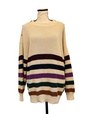 Threads 4 Thought Medium Striped Sweater Cream Multicolor Button Shoulder Cozy